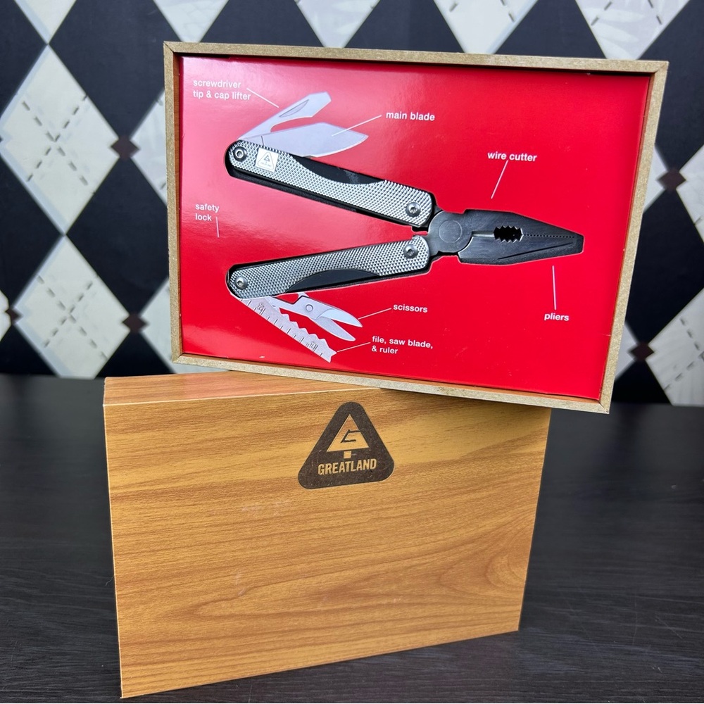 NWT Multi Tool Stainless Steel Pliers Knife Set New in Faux Wood Box Greatland